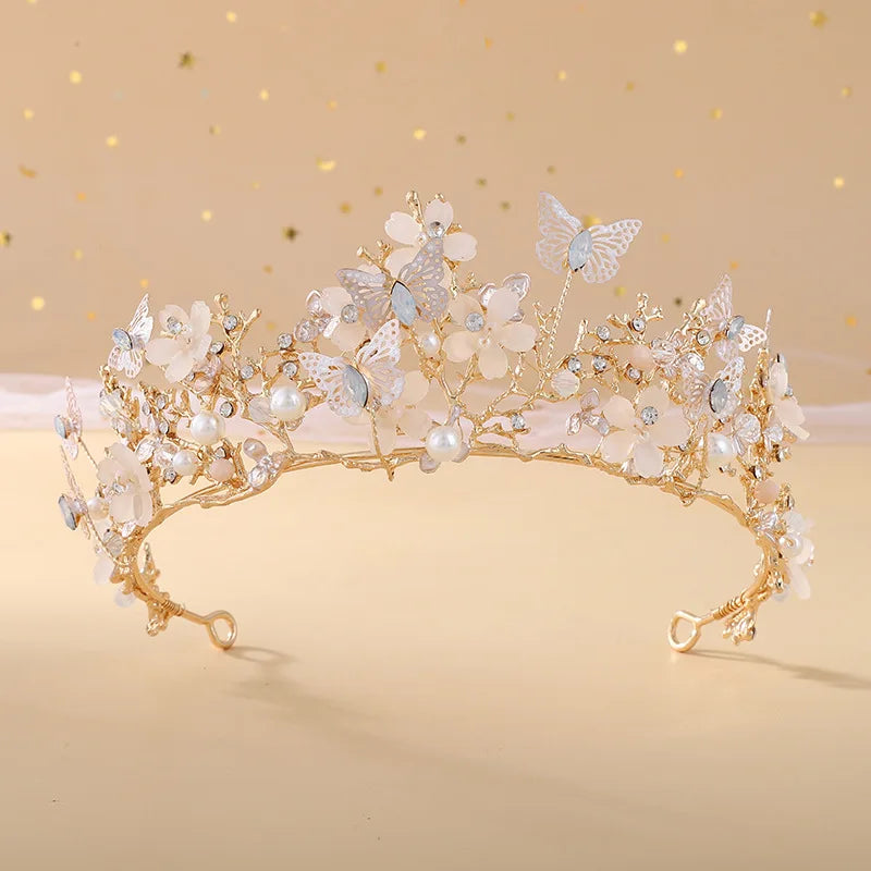 Baroque Butterfly Pearl Crystal AB Crown Tiara Rhinestone Hairband Wedding Hair Accessories Princess Bridal Headpieces H142 Gold Color