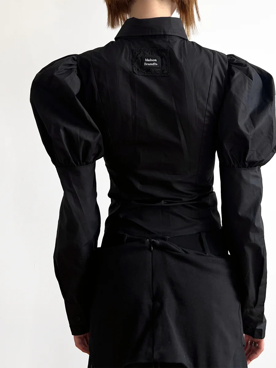 TWOTWINSTYLE Solid Slimming Spliced Lace Up Elegant Blouses for Women Lapel Long Sleeves Patchwork Folds Top Female Clothing New