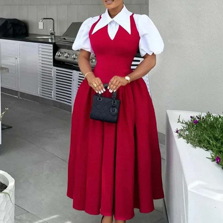 CM.YAYA Short Puff Sleeve Sweet Slim Long Women Shirt Dress High Waist Ruched Pleated Beach Streetwear Maxi Big Swing Dresses