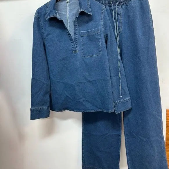 CM.YAYA Fashion Women's Set Long Sleeve Washed Denim Tops Shirts + Wide Leg Pants Suit 2025 Spring Street Two 2 Piece Set Outfit