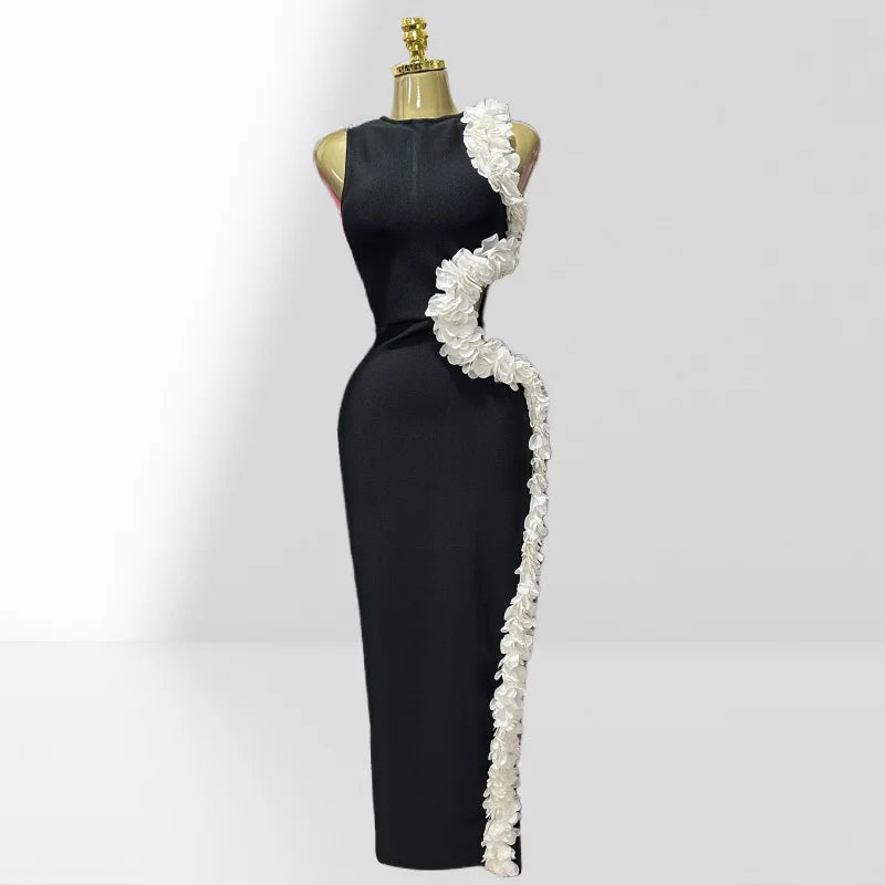White Petal Edge Hollow Out Sleeveless Sheath Black Bandage Ankle Lengh Dress Woman Party Vestido Celebrity Cocktail Outfit