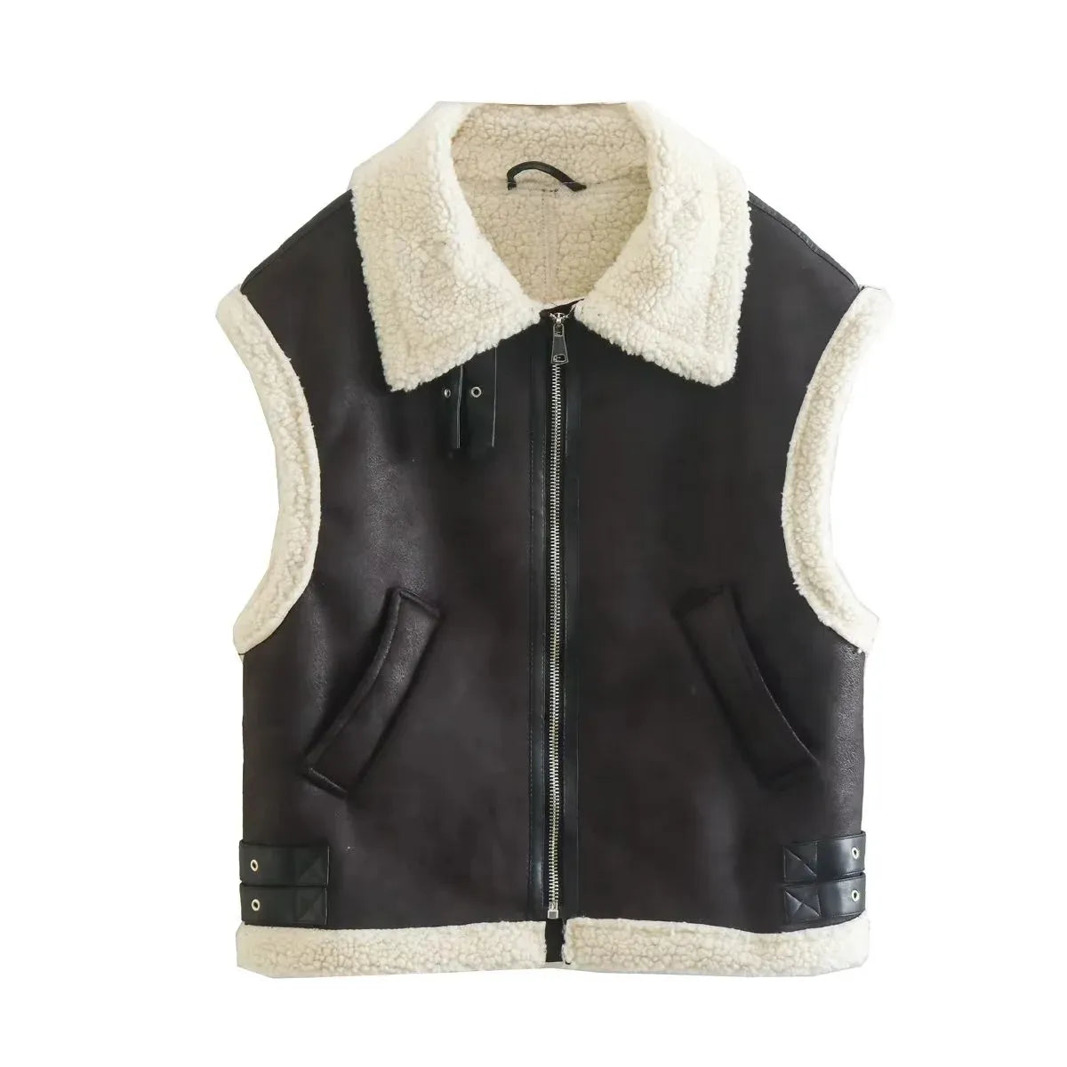 TRAFZA Winter Fur Vest Women Faux Sheepskin Fur Waistcoat Chic Lady Faux Leather Fleece Warm Vest Woman Sleeveless Jacket black