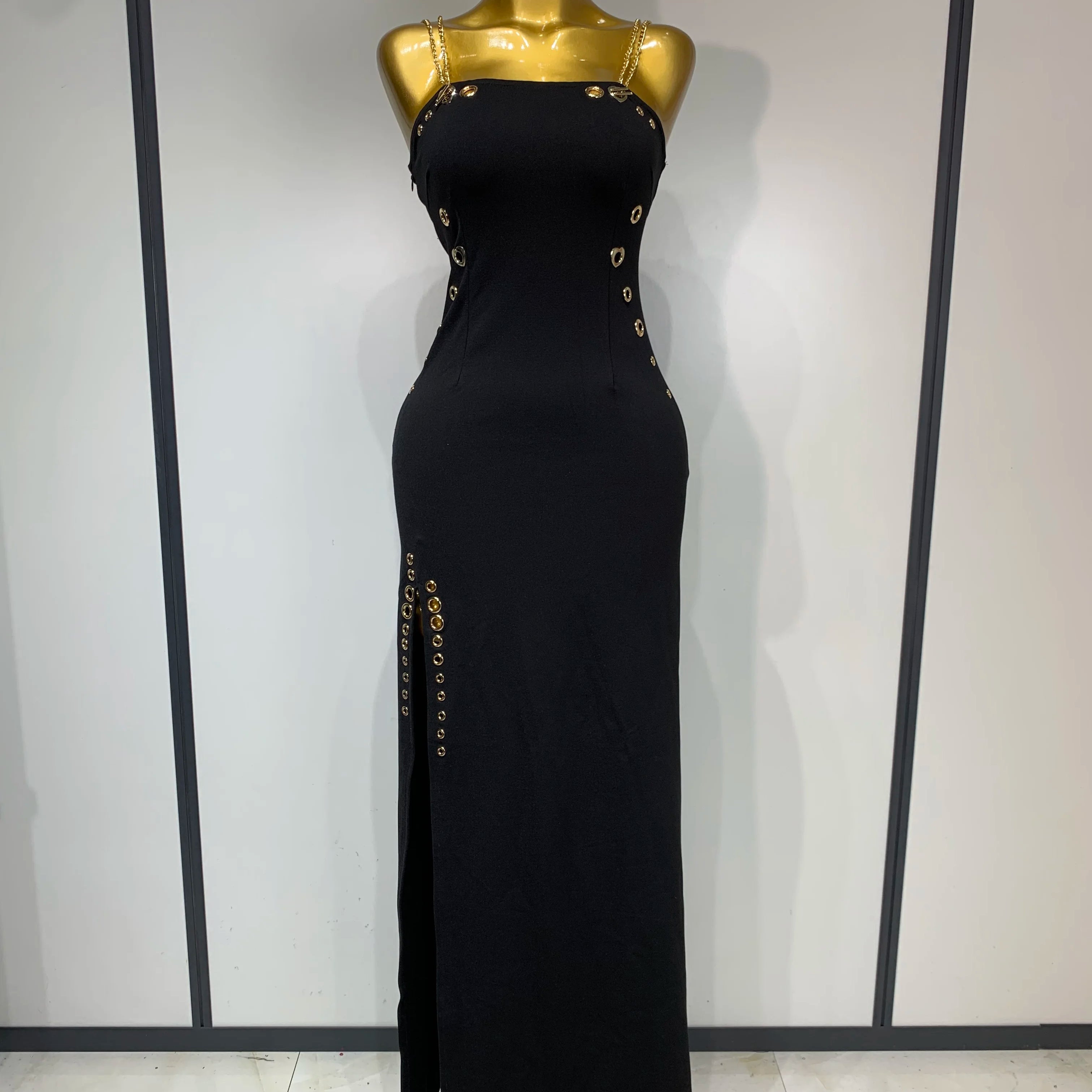 Women Sexy Sleeveless Square Colalr Chain Bodycon Maxi Long Dress Elegant Evening Party Fashion Celebrate Birthday Dress