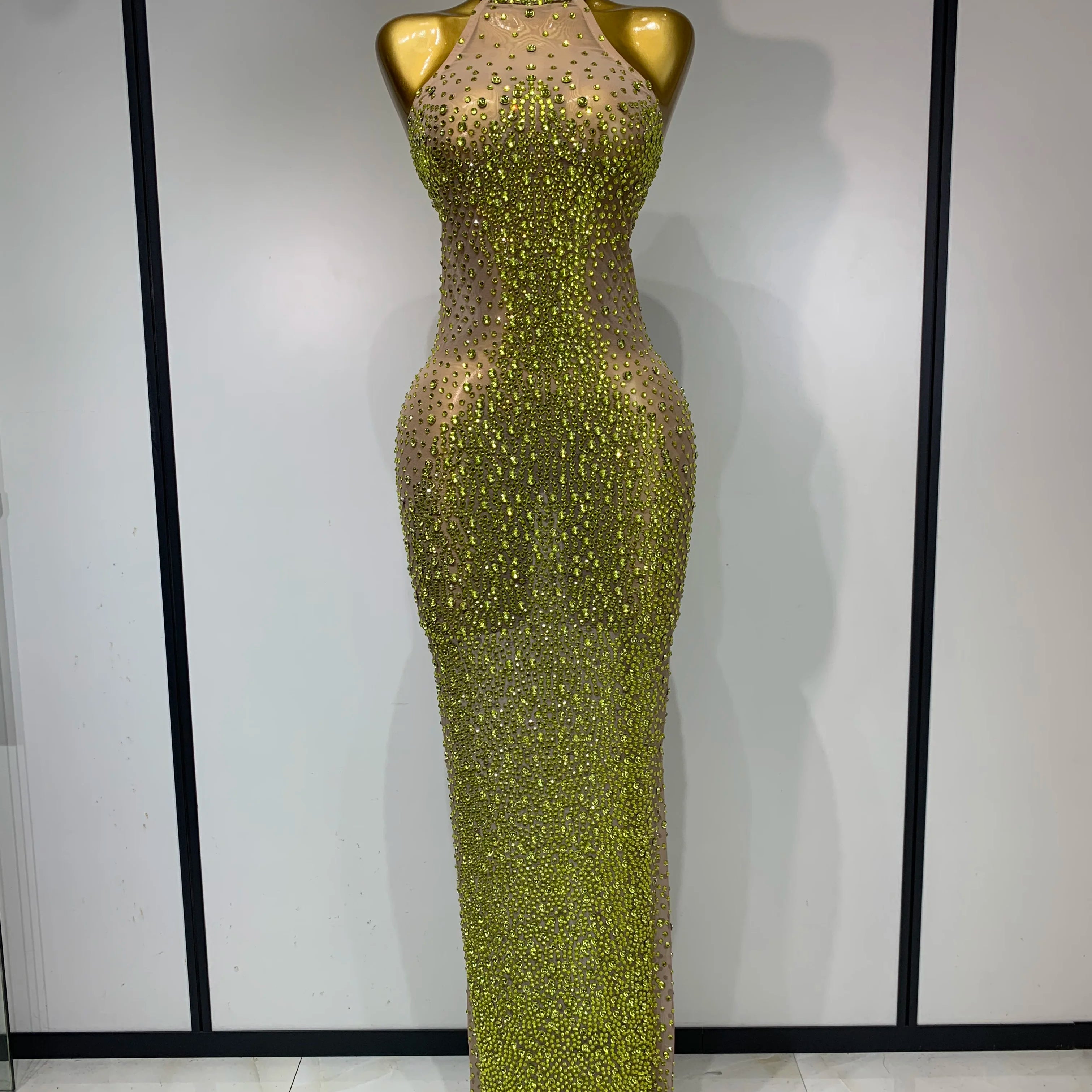 Women Luxury Birthday Celebrate Dress Dancer Party Show Stage Outfit 2025 Sparkly Rhinestone Elastic Mesh See Through Long Dress