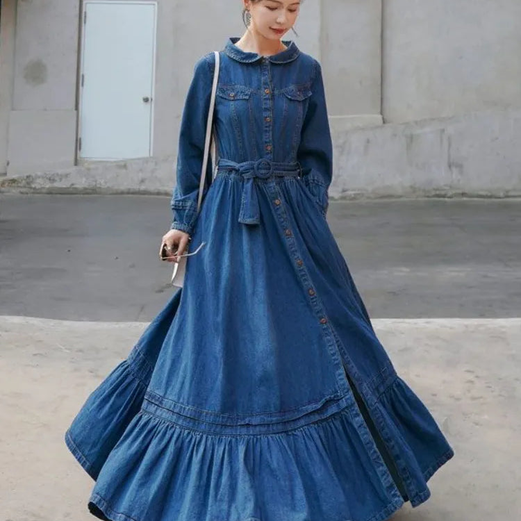 Dresses for Women Autumn Winter Fashion Versatile Women's Clothing French Retro Denim Robe Solid Large Skirt Hem Long Dress