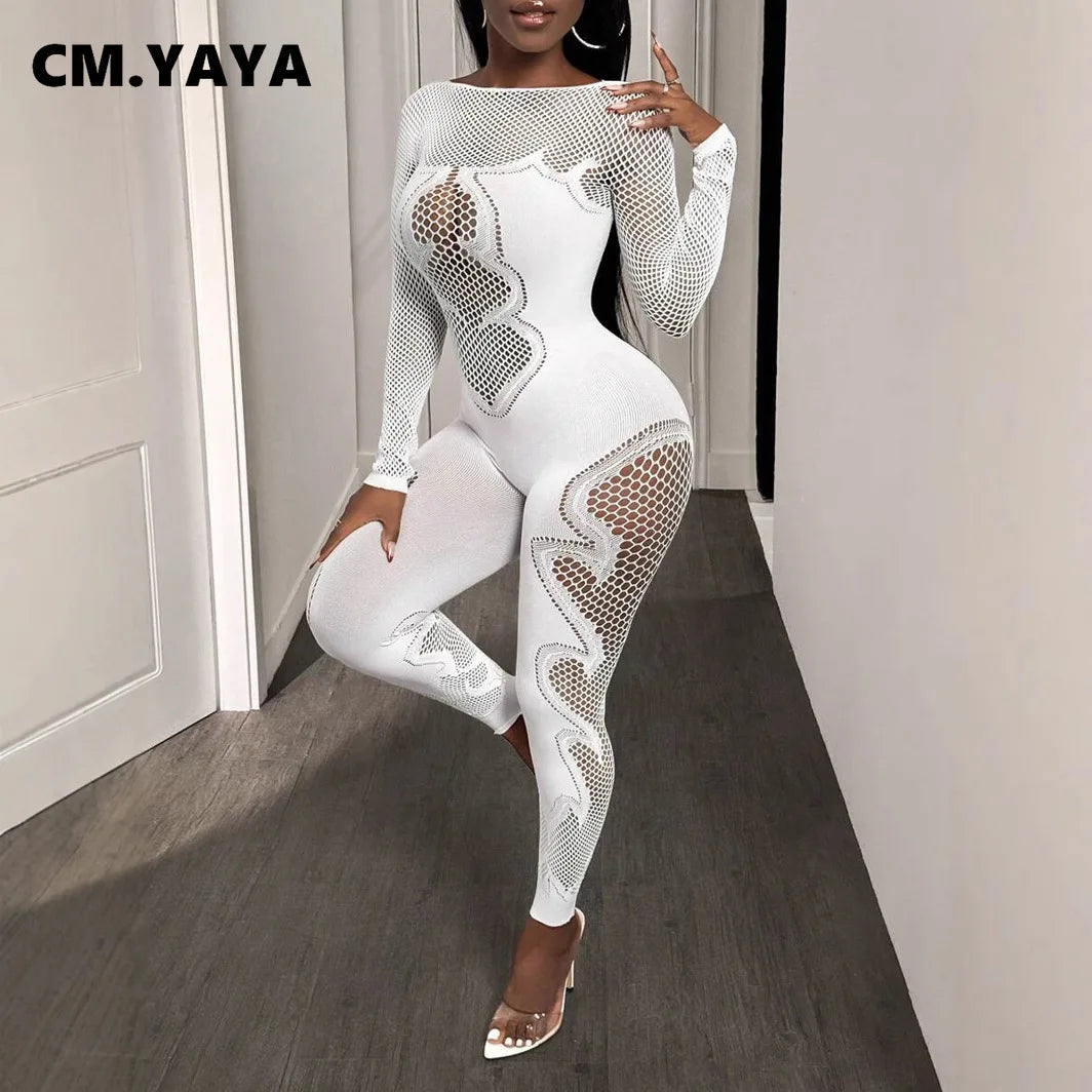 CM.YAYA 2025 O-neck Full Sleeve Women Mesh Hollow Out Jumpsuits Casual Night Club Sexystreet Sexy Perspective Outfits Rompers