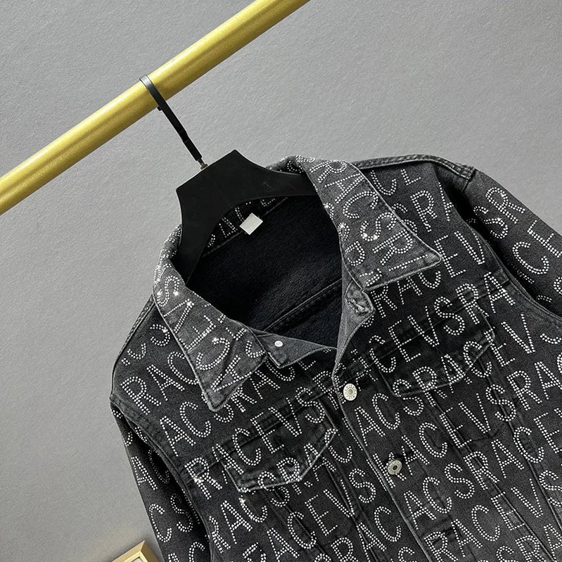 Denim Jacket Women Spring Autumn New Loose Heavy-Duty Letter Rhinestone Long-Sleeve Black Jean Jacket Female Jaquetas