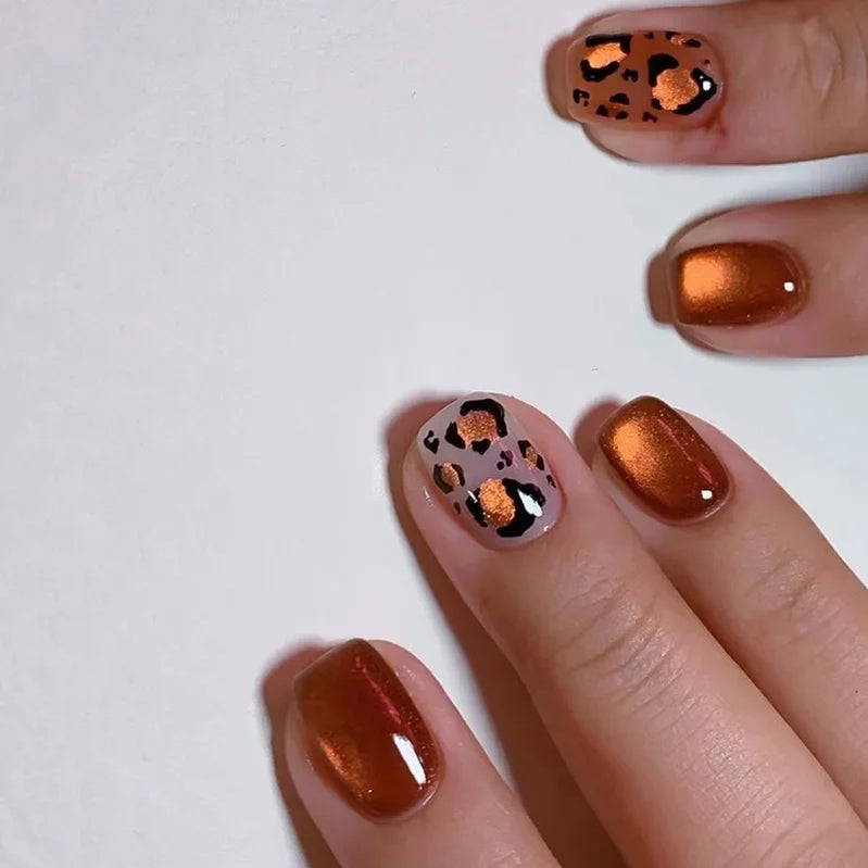 24-Piece Orange Cat Eye Press-On Nails with Short Square Full Cover and Leopard Design - Trendy Fake Nails for Women & Girls