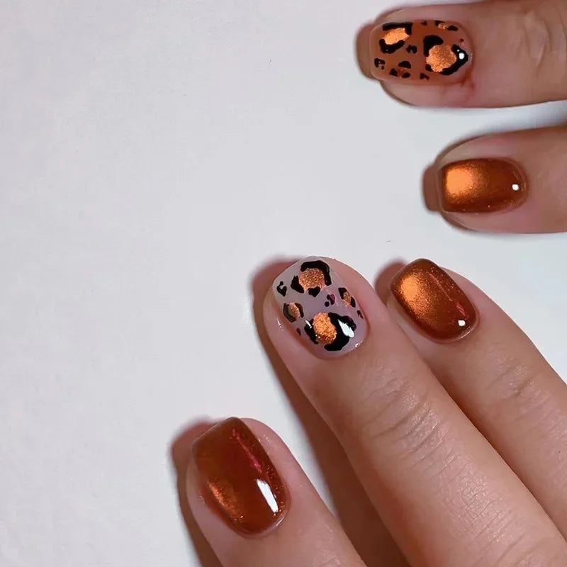 24-Piece Orange Cat Eye Press-On Nails with Short Square Full Cover and Leopard Design - Trendy Fake Nails for Women & Girls