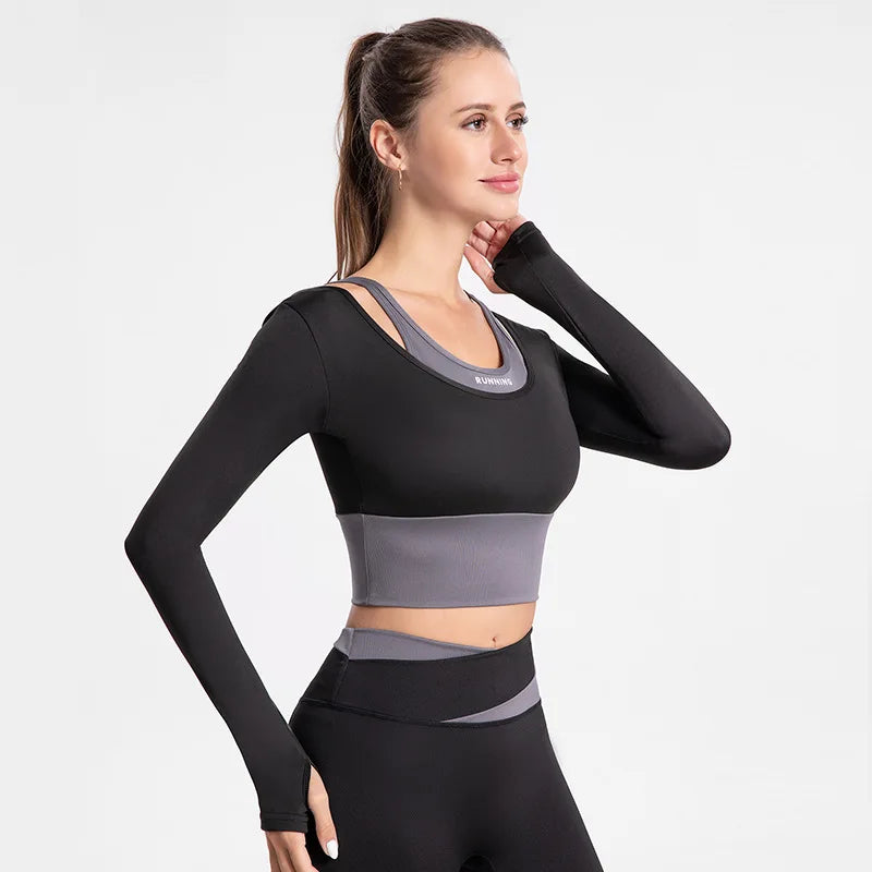 Autumn Winter High Waist Yoga Set Long Sleeve Fitness Vest with Pads Outfits Sportswear Women Sports Leggings Bra Gym Workout black CHINA