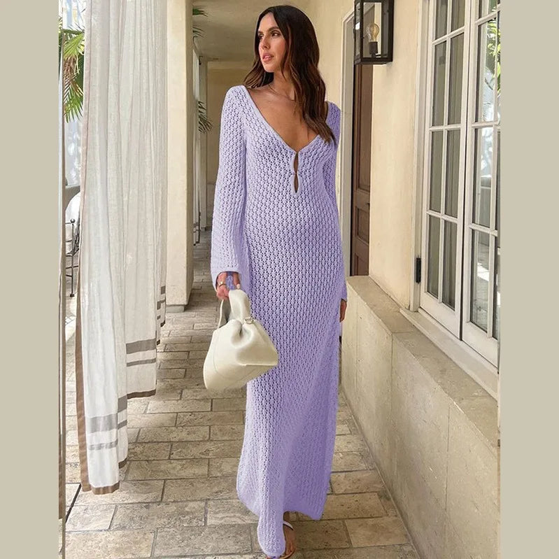 Sexy Women Long Knit Beach Dress Hollow-Out Deep V-Neck Long Sleeve Bikini Cover-Ups Dress Fall Backless Holiday Dress PURPLE