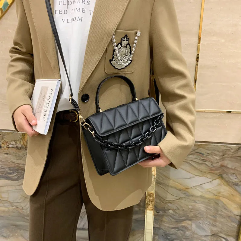 Solid Plaid Crossbody Bags For Women, Chain Decor Fashion Shoulder Bag Ladies Handbag