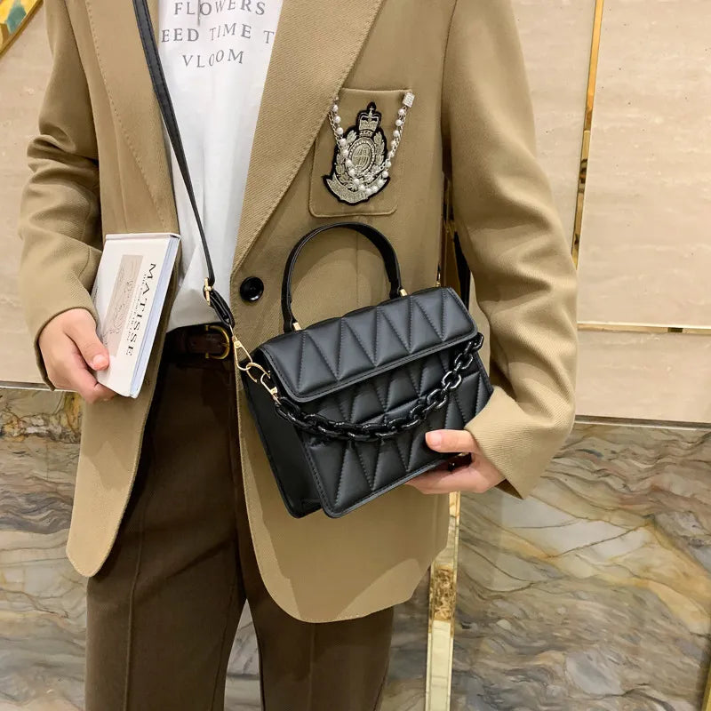 Solid Plaid Crossbody Bags For Women, Chain Decor Fashion Shoulder Bag Ladies Handbag