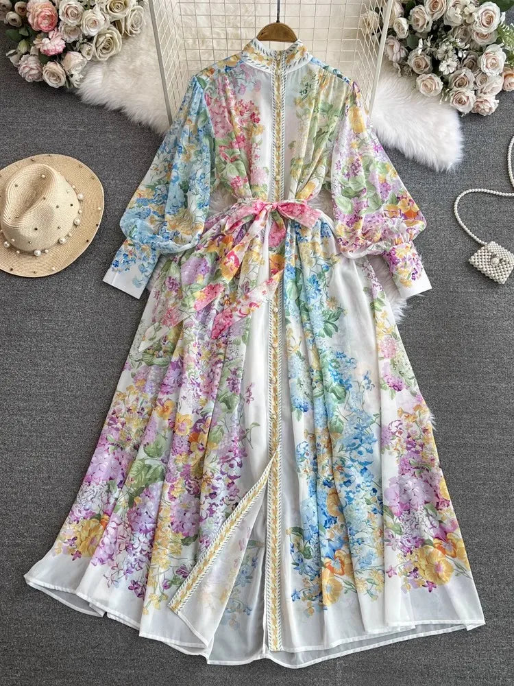 Fashion Bohemain Flower Maxi Dress Women's Stand Long Lantern Sleeve Single Breasted Floral Print Lace Up Loose Boho Robe as picture