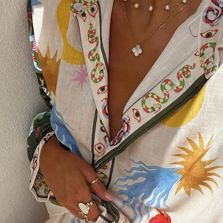 Stylish Printed Trousers 2 Piece Set Women's Casual Lapel Single Breasted Shirt Wide Leg Pant Sets Women Pomesia Vacation Suit Tops