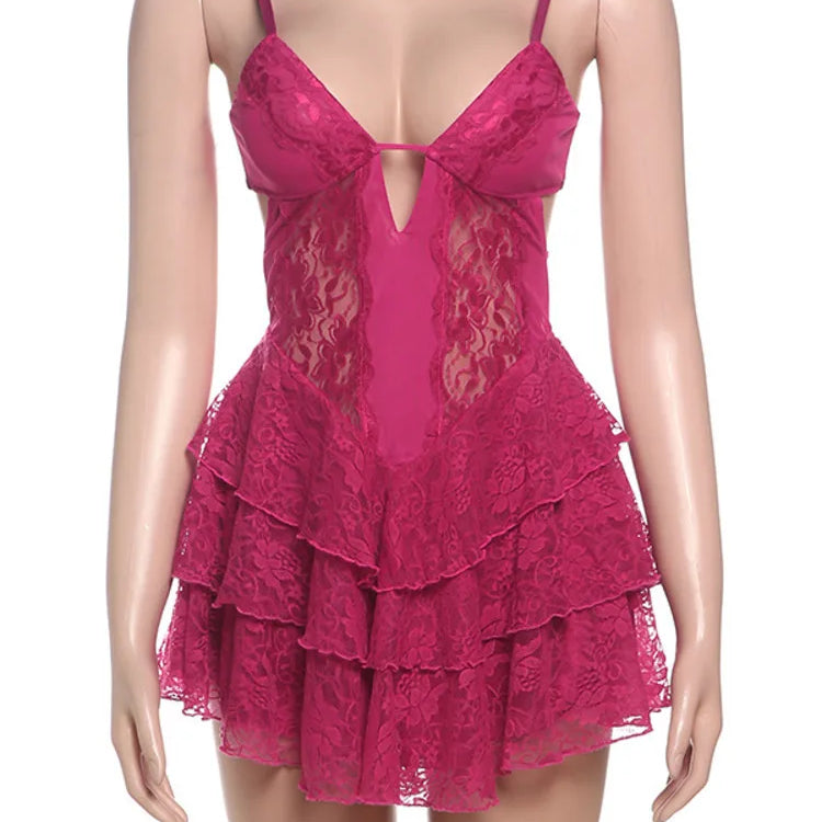 Lace Spaghetti Strap Sexy Mini Dress For Women Fashion Hollow Out Sleeveless Backless High Waist Ruffled Dress Elegant