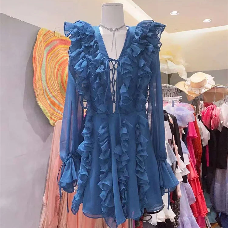 Tossy V-Neck Lace-Up Ruffled Mini Dress For Women Summer Mesh Bandage High Waist Fashion Party Dress Gown Female Mini Dress 2024 Blue