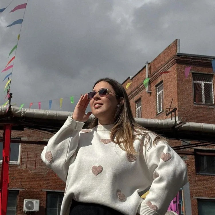 Chic Sweet Love Embroidery Knitting Sweaters Women Long Sleeved O-neck Pullovers Winter New Female Casual Fashion Sweaters Grey