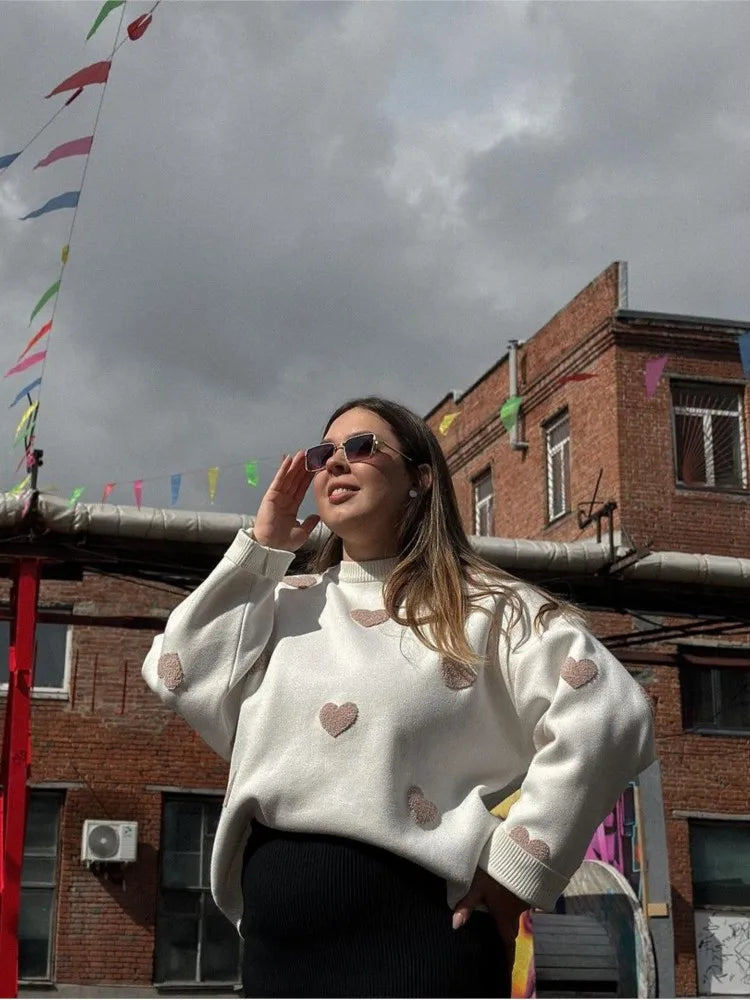 Chic Sweet Love Embroidery Knitting Sweaters Women Long Sleeved O-neck Pullovers Winter New Female Casual Fashion Sweaters Grey