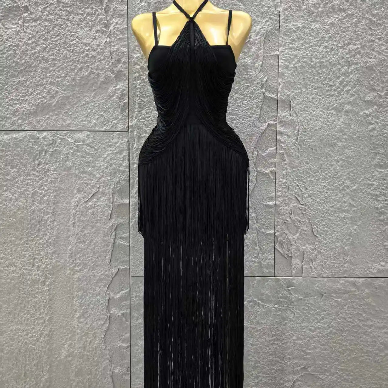 Black Color Women Sleeveless Sexy V-Neck Tassels Bodycon Long Bandage Dress Celebrate Evening Party Cocktail Outfit Vestido
