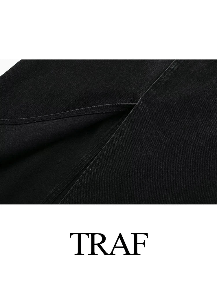 TRAF Fashion Midi Skirt Vintage Streetwear Skirts Women's High Waist Black Denim Skirt Woman Slit Jean Long Skirts For Women