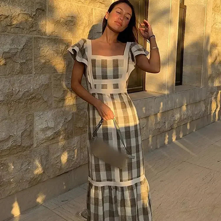 Vintage Plaid Flying Sleeve Shoulder Midi Dress Elegant Spliced Square Collar High Waist Vestidos Spring High Street Female Robe