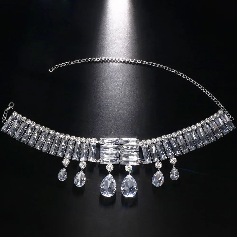 Exaggerate Large Crystal Choker Neckalce Statement Accessories Luxury Water Drop Rhinestone Collar Choker for Women Silver