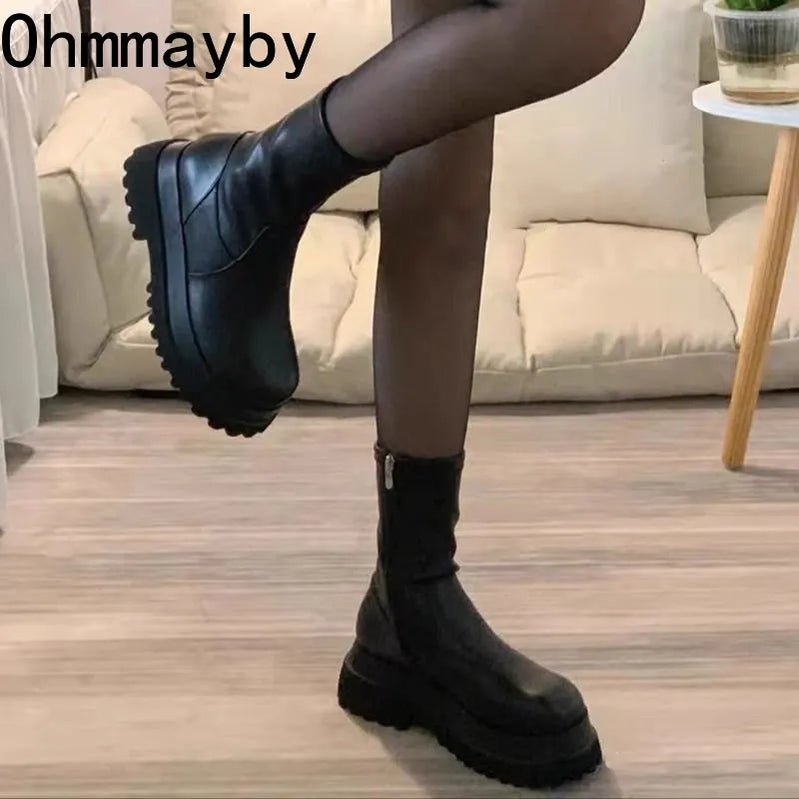 Winter Punk Style Women Ankle Boots Fashion Thick Sole Zippers Gothic Short Boot Ladies Elegant Platform Flats Shoes