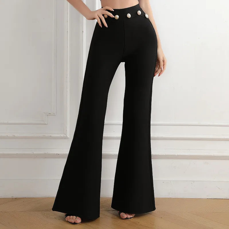 Autumn Women's Pants Gold Button Stretch Bandage Skinny Black Flared Trousers