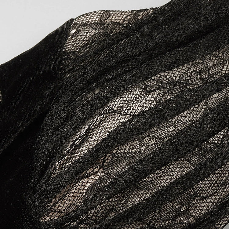 VC Black Mesh Patchwork Halter Long Dress For Women Long Sleeves Lace Embroidery Mermaid Bodycon Party Evening Gown