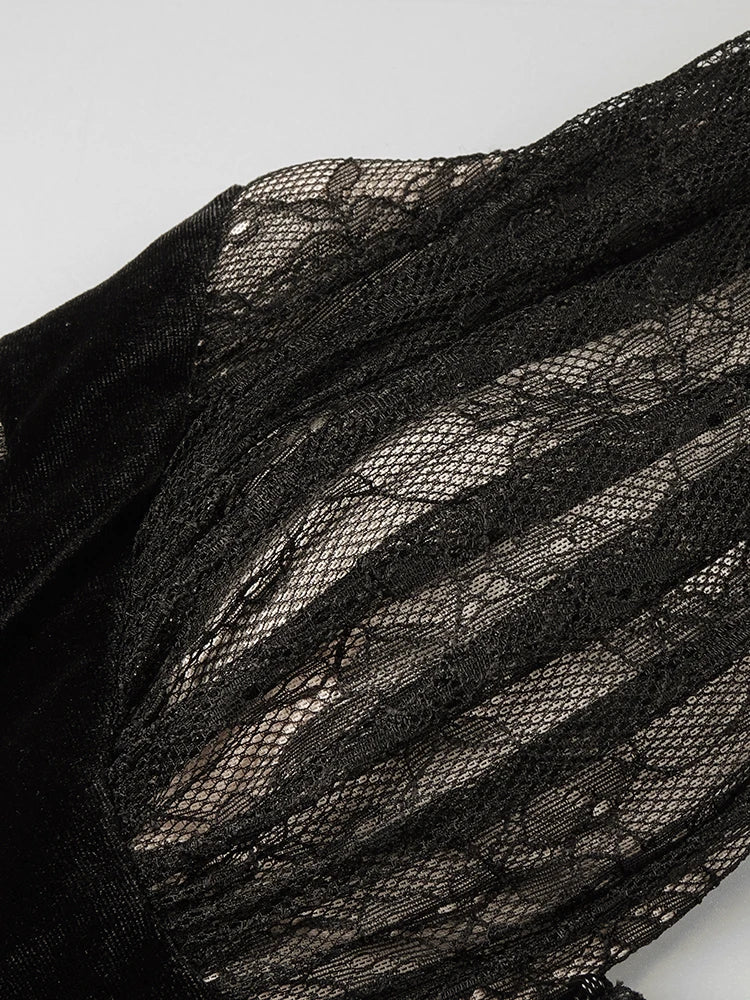 VC Black Mesh Patchwork Halter Long Dress For Women Long Sleeves Lace Embroidery Mermaid Bodycon Party Evening Gown