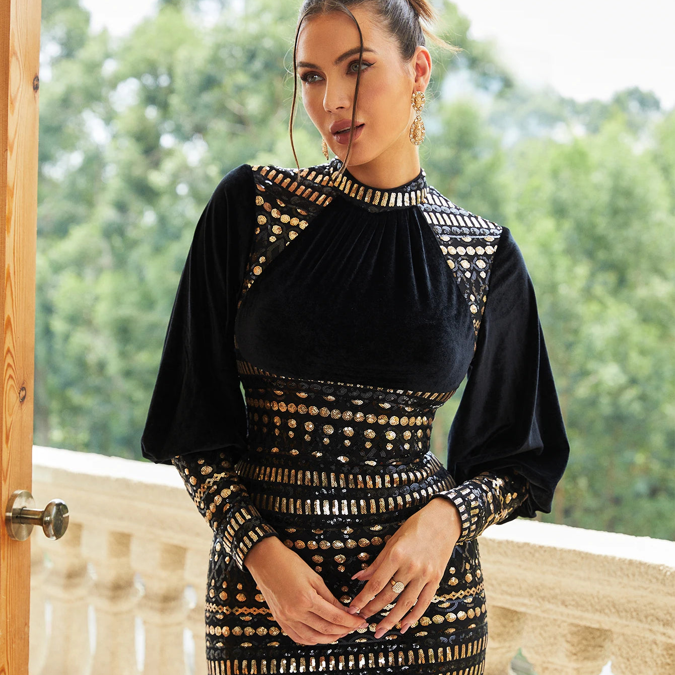 Missord Vintage Black Velvet Bishop Sleeve Sequins Bodycon Ankle Length Dress Cocktail Party Prom Women's Evening Dresses