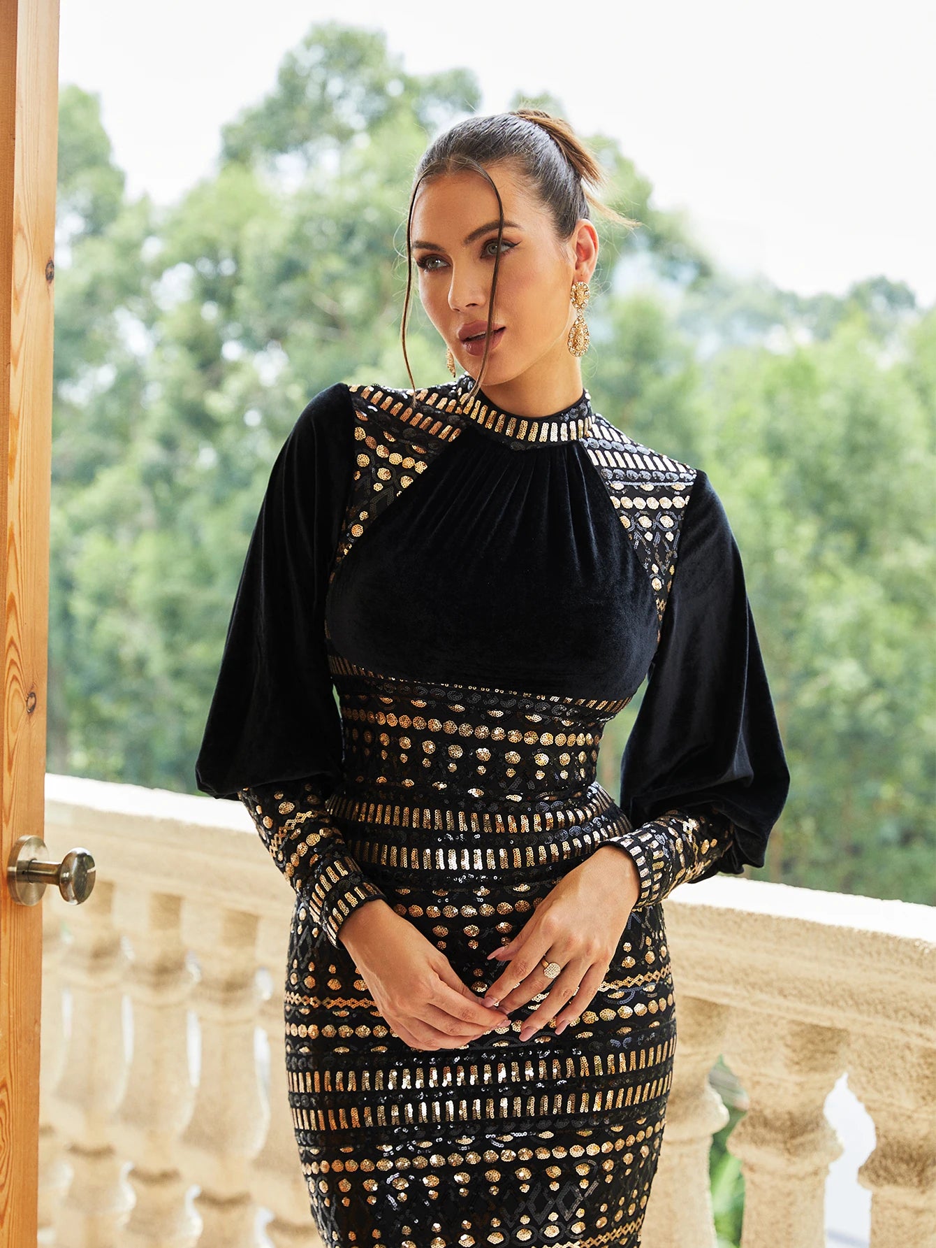 Missord Vintage Black Velvet Bishop Sleeve Sequins Bodycon Ankle Length Dress Cocktail Party Prom Women's Evening Dresses