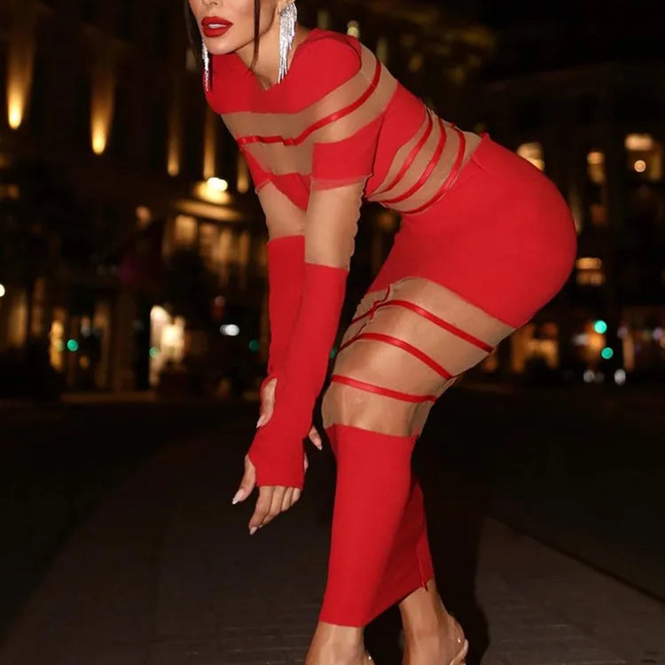 Autumn Sexy Long Sleeve Black Red White Ankle Length Mesh Women Celebrity Dress 2024 Elegant Party Evening Club Vestido