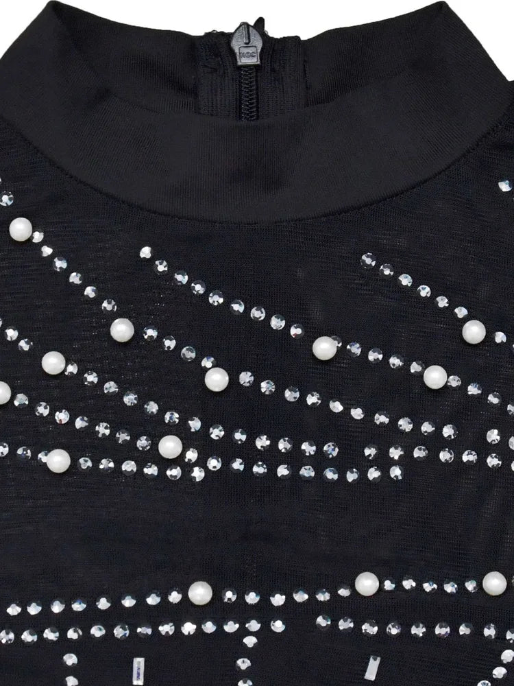 Beautiful Crystal Embellished Fringed Mini Dress Glam Womens Pearls Rhinestone Slim Short Party Dress Birthday Outfits