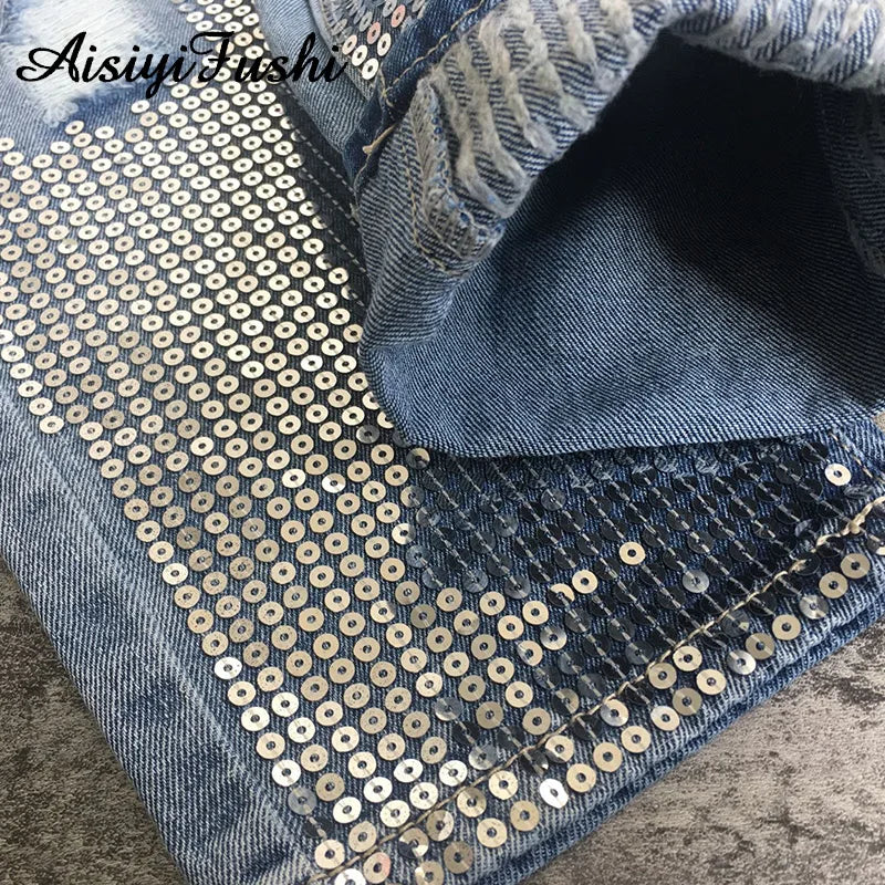 Sequin Ripped Jeans For Women Bottom Streetwear Hole Zipper Fringe Ripped Jeans Pants Women's Denim Trousers Loose Female