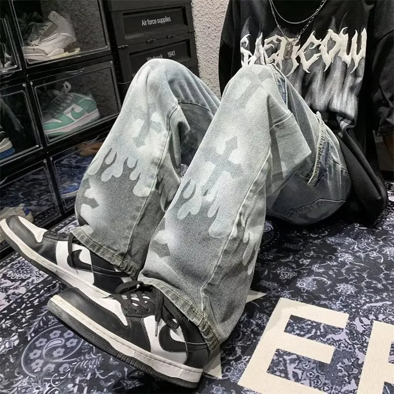 Women Jeans Pants Ins High Street Fashion Cargo Trousers Hiphop American Vibe Style Overalls Gothic Punk Cross Print Jeans Women Black - K2053