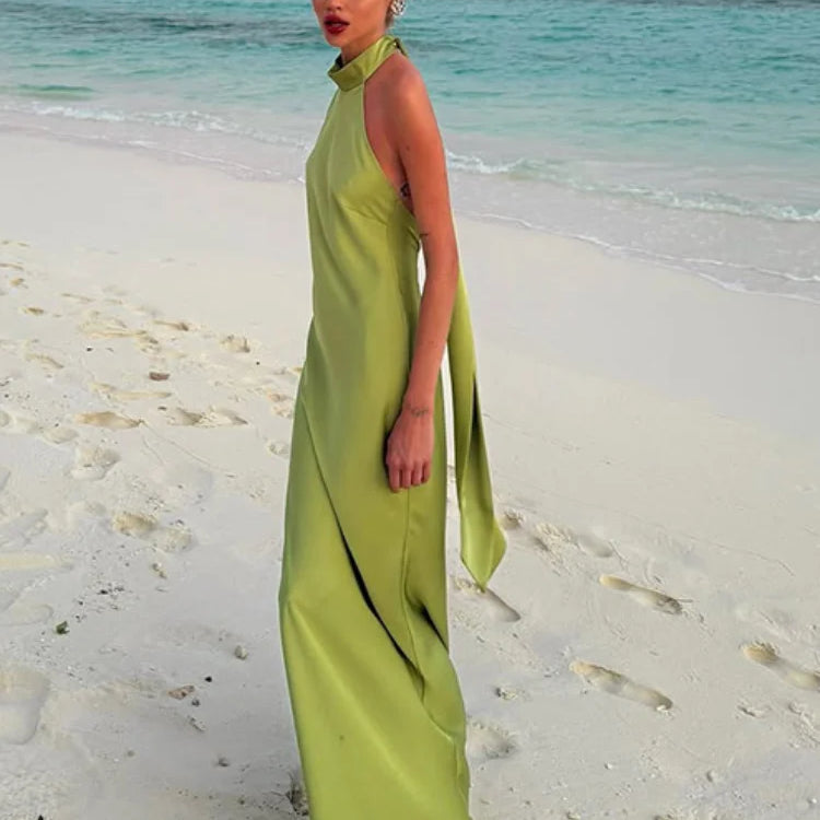 Elegant Green Satin Sleeveless Maxi Dress Chic Stand Neck Lace Up Backless Dresses New Female Summer Vacation Beach Vestido 2025