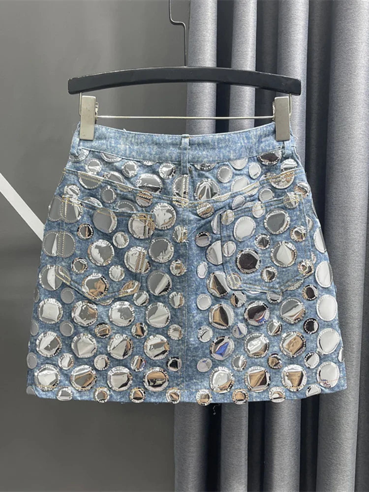 DEAT Summer New Fashion Women's Denim Skirt High Waist Circular Sequin Patchwork Wrap Hip Blue Short Mini Skirts 29L4143