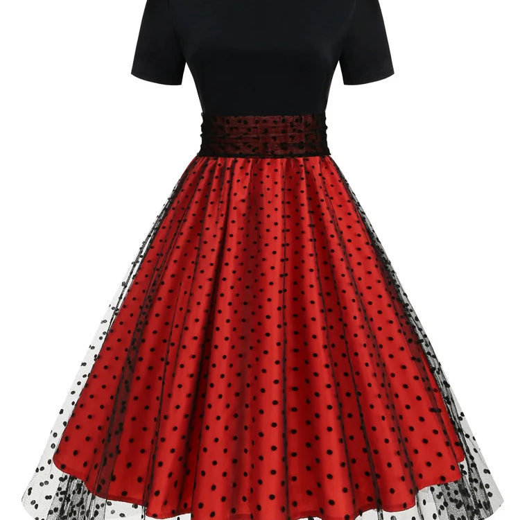 Tonval Round Neck Ruched High Waist Vintage Dot Mesh Overlay Pleated Dress Women Short Sleeve Evening Elegant Party Midi Dresses