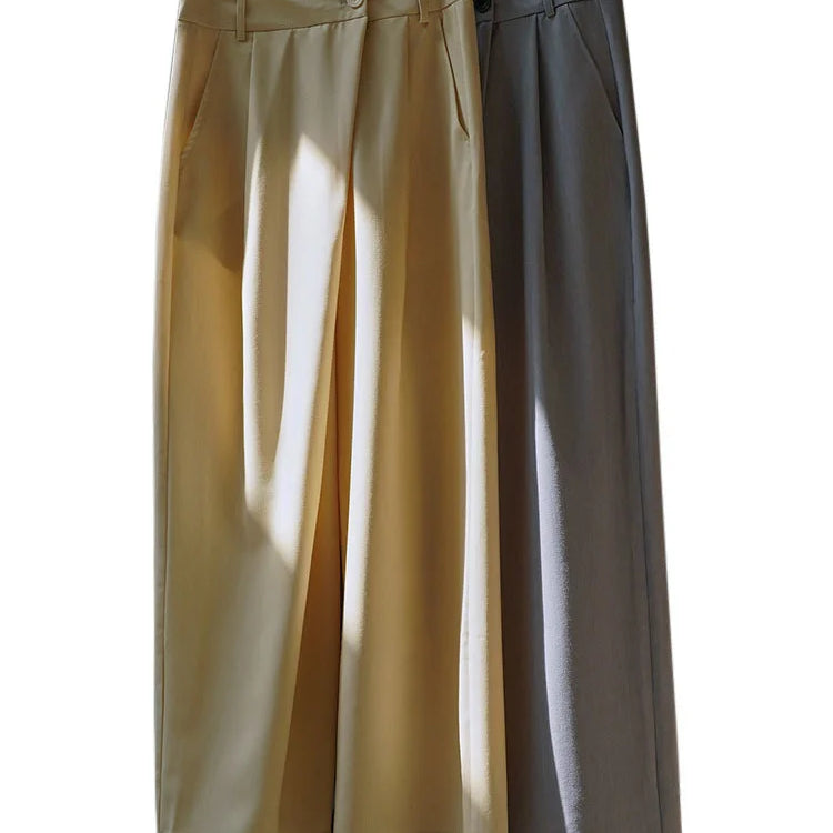 [LANMREM] Minimalism Irregular Pleated Pants Women Solid Straight Wide Leg Pants Korean Style Clothing Spring New 26D2368