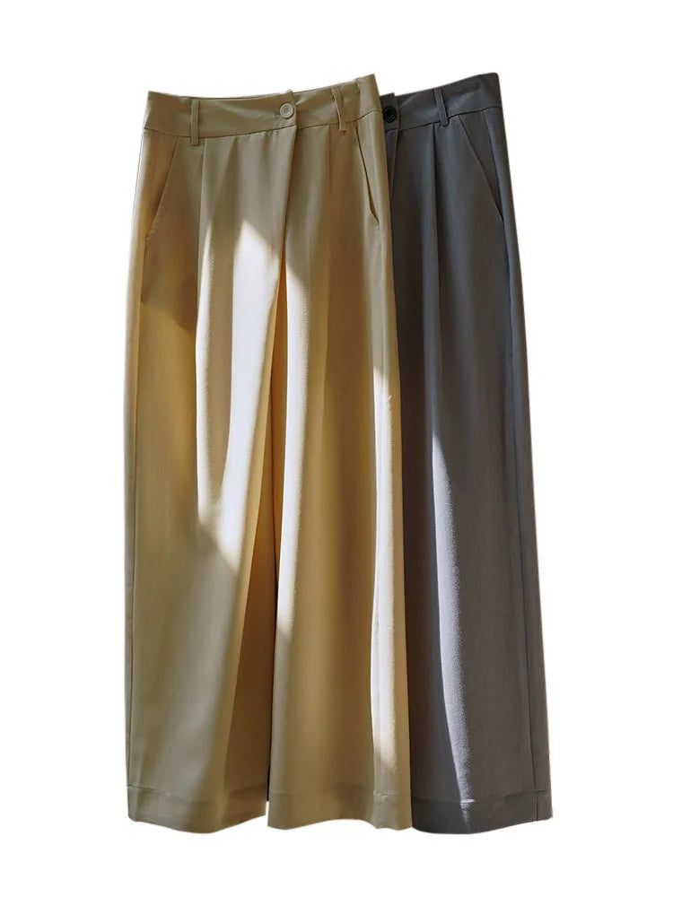 [LANMREM] Minimalism Irregular Pleated Pants Women Solid Straight Wide Leg Pants Korean Style Clothing Spring New 26D2368