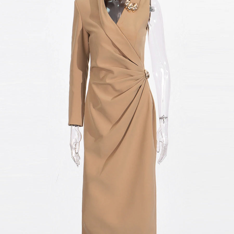 TWOTWINSTYLE Solid Slimming Spliced Folds Irregular Dresses for Women V Neck Long Sleeves Temperament Dress Female Fashion New