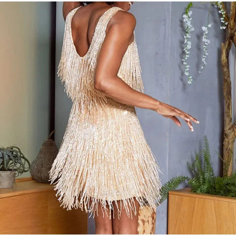 Sexy Women's Fringed Sequin Feather Stitching Dress Summer Slim V-Neck Off Shoulder Dresses Female Backless Slip Mini Robe