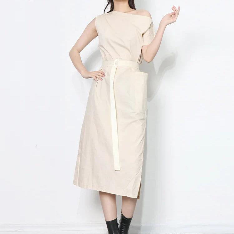 TWOTWINSTYLE Asymmetrical Sashes Dress For Women Slash Neck Short Sleeve High Waist Casual Dresses Female Fashion New Clothing Apricot One Size