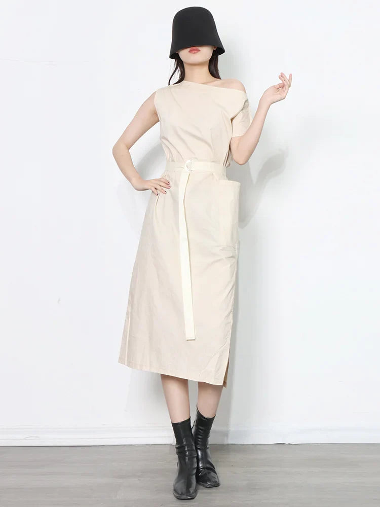 TWOTWINSTYLE Asymmetrical Sashes Dress For Women Slash Neck Short Sleeve High Waist Casual Dresses Female Fashion New Clothing Apricot One Size