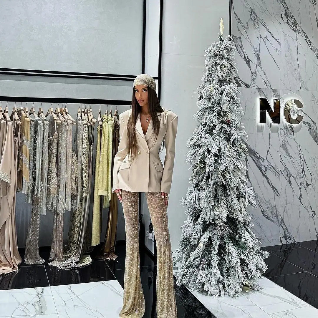 New Stylish Woman Oversize Suit Coat And Shining Diamonds Mesh Pants 2 Pieces Set Fashion Woman High Street Wear Party Outfit