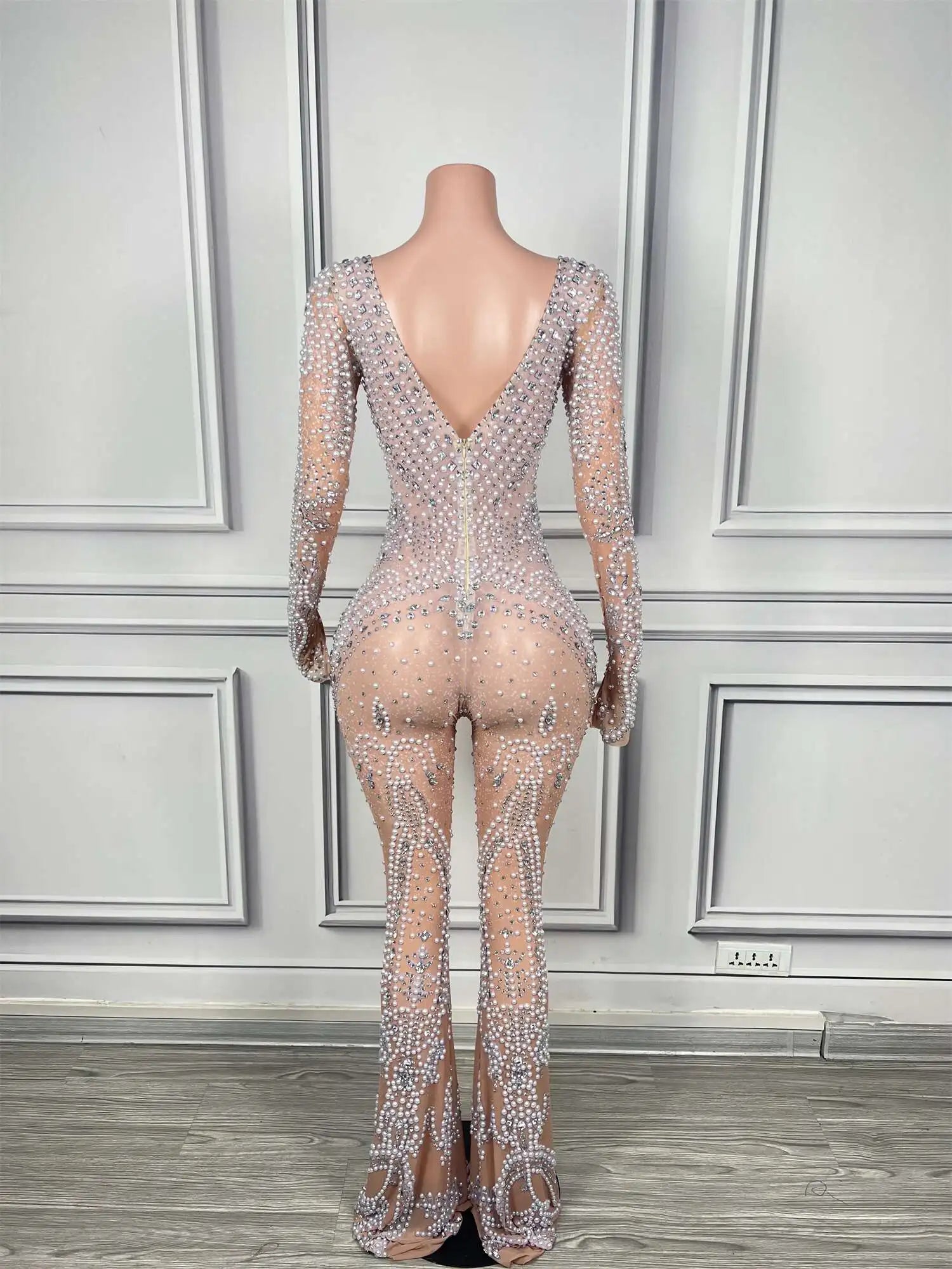 High-quality Pearls Rhinestones Mesh Bell-bottoms Lady Party Celebrate Birthday Stage Wear Luxurious Sexy Jumpsuit Shuangjiang