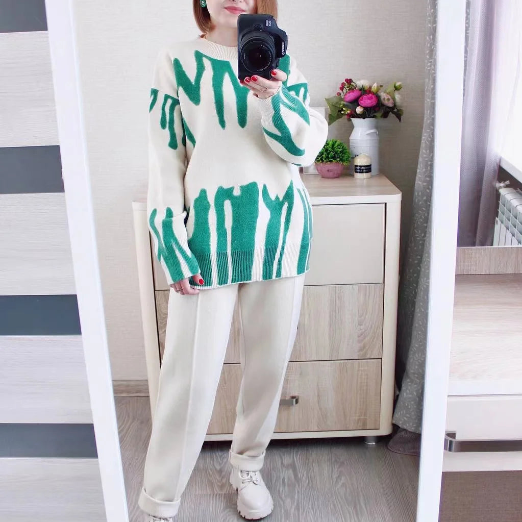 GIGOGOU Two Piece Women Autumn Winter Sweater TrackSuit OverSized Harem Pant Suits Lady Casual Warm Knitted Set