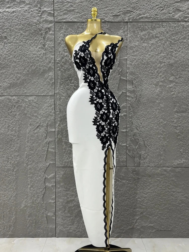 Top Quality Women Sexy One Shoulder Black Lace Bodycon Long Bandage Dress Fashion Celebrate Evening Party Birthday Outfit